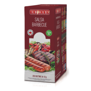 Barbacoas individuales en una caja de cartón que contiene 200 sobres de “Top Food – Mucho Gusto”.