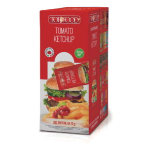 Kétchup monodosis en caja de cartón con 200 sobres, “Top Food – Mucho Gusto”.
