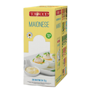 Mayonesa 50% og. Porción individual en caja de cartón con 200 sobres. “Top Food – Mucho Gusto”